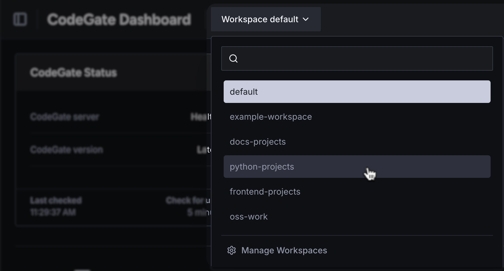 The workspace drop-down menu in the CodeGate dashboard